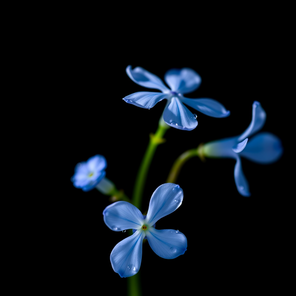 Four delicate blue flowers with droplets on petals, softly illuminated against a dark background, captured with a macro lens at f/2.8, ISO 200, and a shutter speed of 1/125s, using a Canon EOS 5D Mark IV, in natural light for enhanced vibrancy and detail.