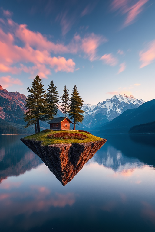 a surreal floating island landscape featuring a small house and pine trees, majestic mountains in the background, a serene lake reflecting the sky, dusk lighting, aperture f/8, ISO 100, 24mm lens, DSLR camera, wide-angle view, high dynamic range imaging