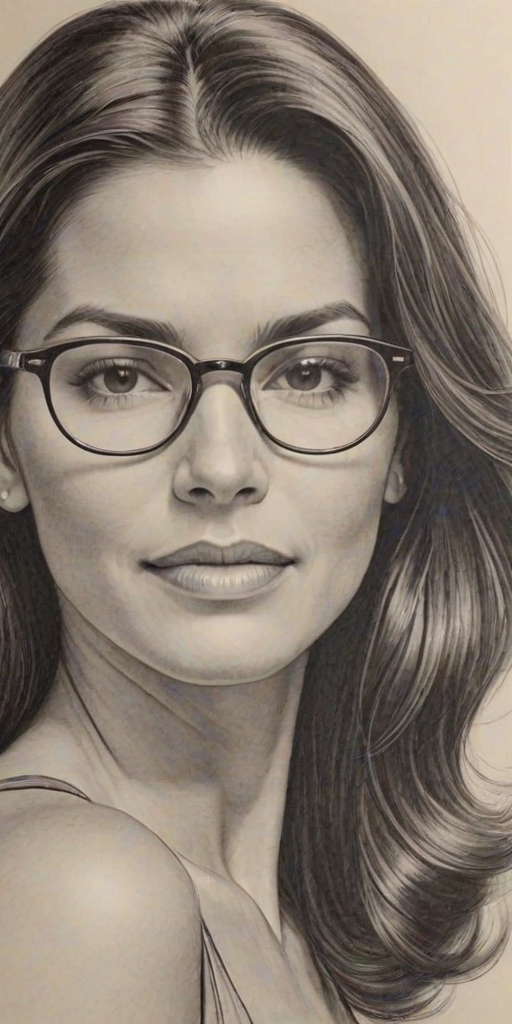 Graceful Patricia Velasquez, pencil sketch, portrait of Captivating woman 1942s in glasses, hair style beatnik, outline, clear lines, fine lines, 8k
