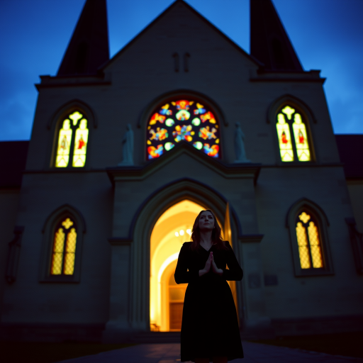 Old European church at twilight, stained glass windows glowing softly, a woman stands in the doorway, her hands clasped in quiet reverence as she takes in the sacred atmosphere.