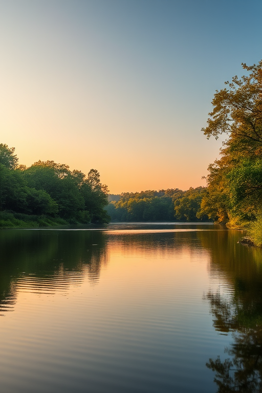 Create a high-resolution image of a serene landscape featuring a tranquil lake surrounded by lush greenery, use a DSLR camera with a 24mm lens, aperture set to f/8 for depth of field, ISO 100 for fine detail, taken at golden hour to capture warm light reflections on the water.