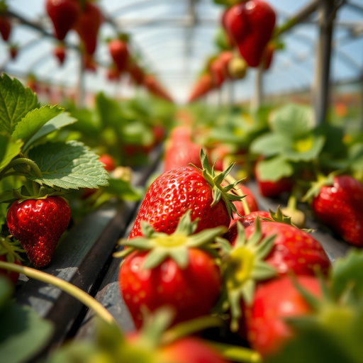 Close-up of strawberries in a greenhouse, shallow depth of field, natural light, f/2.8 aperture, 50mm lens, ISO 100, taken with a DSLR camera, soft focus background.