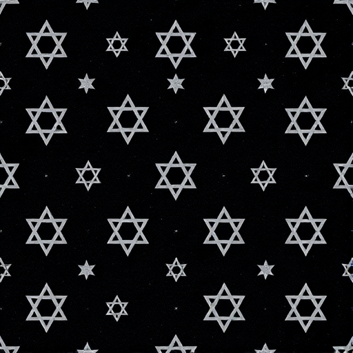 Create a seamless pattern of faint gray Star of David symbols on a dark, textured background, using a DSLR camera with a 50mm lens, f/2.8 aperture, ISO 100, and macro view for enhanced detail and clarity.