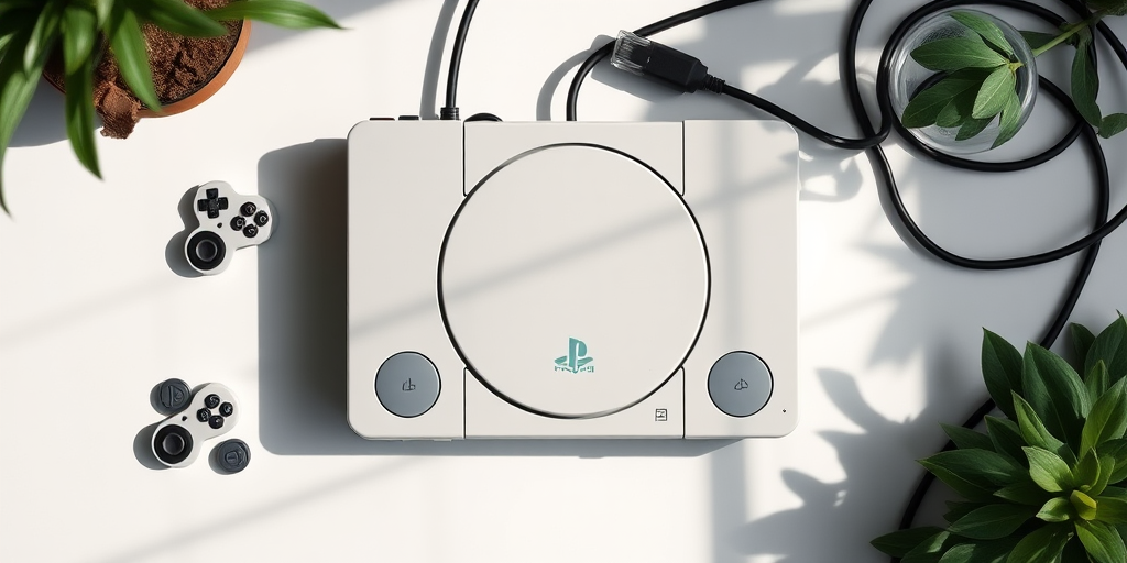 Generate a high-quality flat lay image of a classic PlayStation console from a top-down view, using a Canon EOS R5 with an aperture of f/8, ISO 100, shutter speed 1/125s, and natural soft lighting to create subtle shadows.