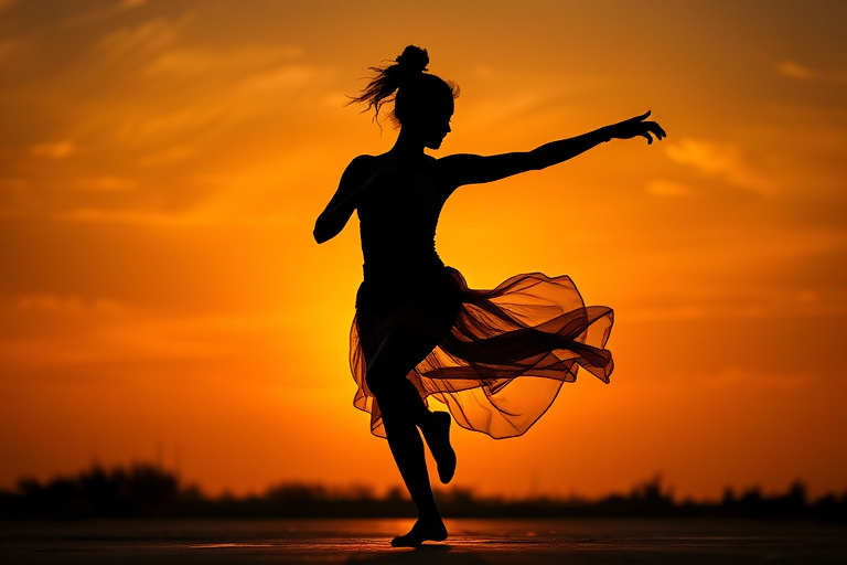 Capture a dynamic silhouette of a dancer in motion against a vibrant sunset, using a Canon EOS 5D Mark IV, 50mm lens, f/1.8, ISO 100, 1/250s shutter speed, with a low-angle perspective and soft, golden lighting for dramatic effect.