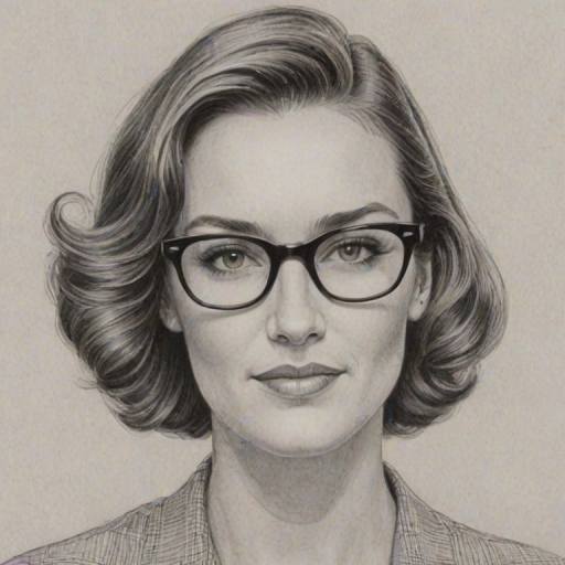 Wonderful Erinn Hayes, pencil sketch, portrait of Charming woman 1959s in glasses, hair style beatnik, outline, clear lines, fine lines, 8k
