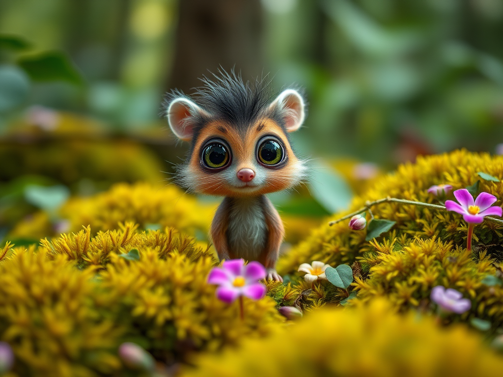 a whimsical creature with big eyes and fur, standing amidst vibrant moss and flowers in a lush forest, shot with a 50mm lens at f/1.8 for a shallow depth of field, natural light, with a soft focus background, using a DSLR camera
