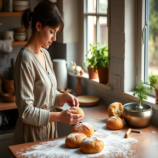 Cozy kitchen with a woman baking bread, flour dusting the countertop, fresh herbs on the windowsill, and the aroma of baked goods filling the air.