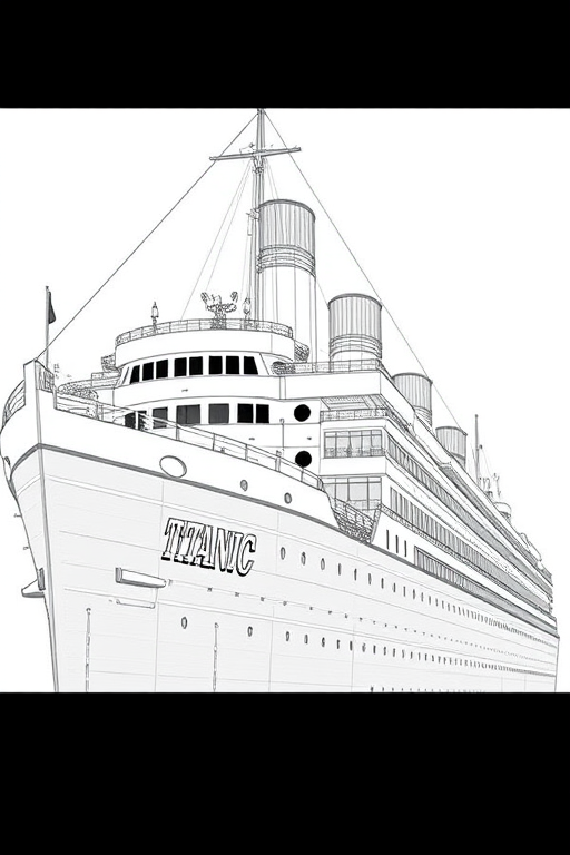 Create a detailed line drawing of the RMS Titanic viewed from the side, emphasizing the structural sections and design elements, using a high-resolution scanner, 300 DPI, in natural daylight with a soft-focus lens, capturing the full length and grandeur of the ship.
