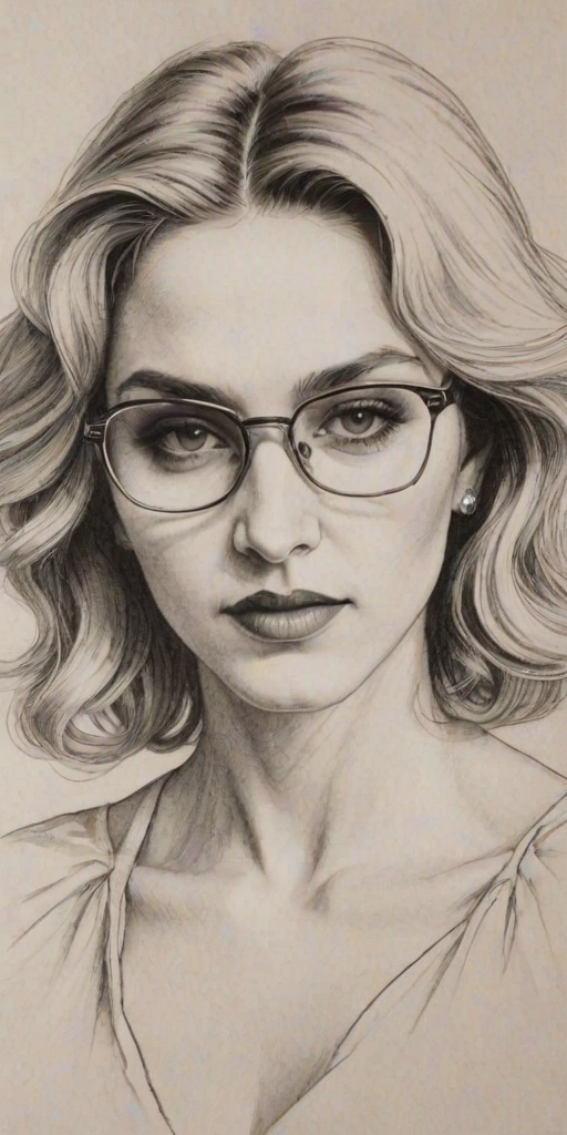 Beauteous Madonna, pencil sketch, portrait of Appealing woman 1976s in glasses, hair style beatnik, outline, clear lines, fine lines, 8k