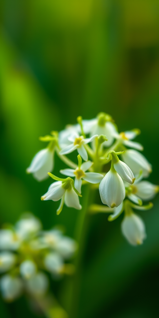 Capture a close-up of delicate white flowers with green tips, soft natural lighting, f-stop of 2.8, shutter speed of 1/200 sec, ISO 100, 50mm macro lens, shallow depth of field, slightly blurred green background to enhance focus on the flowers.