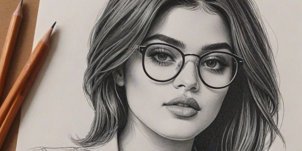 Sublime Kylie Jenner, pencil sketch, portrait of Exquisite woman 1977s in glasses, hair style beatnik, outline, clear lines, fine lines, 8k