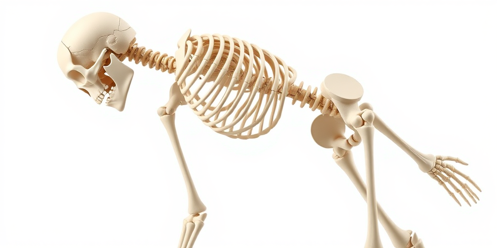 Create a high-resolution 3D rendering of a detailed human skeleton in a neutral pose with a plain white background, using a DSLR camera with a 50mm lens, f/8 aperture, 1/125 sec shutter speed, and ISO 200, from a slightly elevated angle for dynamic perspective.