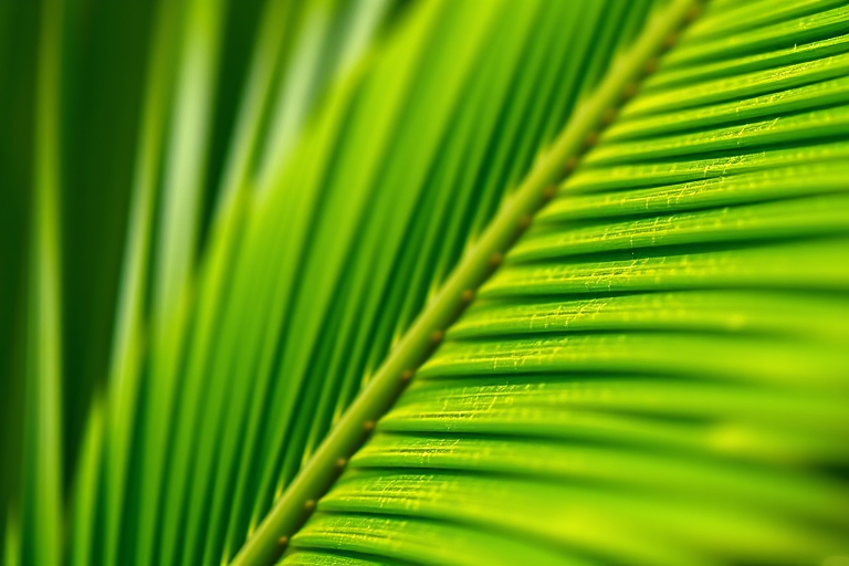 macro photograph of green palm leaf with vibrant details, natural light, aperture f/2.8, shutter speed 1/125s, ISO 100, focused on texture, taken with a DSLR camera, 50mm lens, shallow depth of field