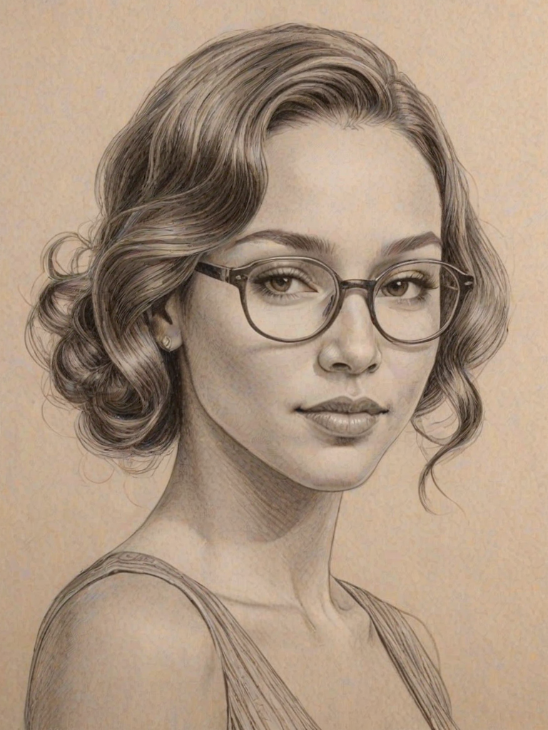 Radiant Jessica Parker Kennedy, pencil sketch, portrait of Graceful woman 1929s in glasses, hair style beatnik, outline, clear lines, fine lines, 8k