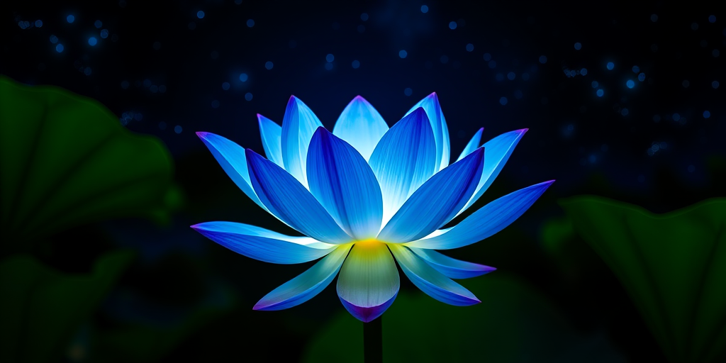 Create a highly detailed, vibrant image of a lotus flower with luminous blue and white petals, surrounded by a starry night background, using a DSLR camera, 50mm lens, f/1.8 aperture, ISO 100, and a long exposure of 5 seconds for enhanced light capture and depth.