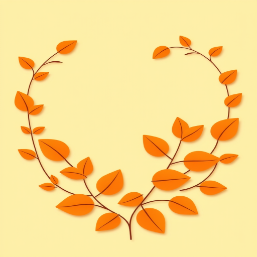 create a heart-shaped design featuring stylized leaves in warm orange tones on a soft yellow background with a high-resolution digital camera, f/8 aperture, ISO 100, 50mm lens, top-down view, vector art style