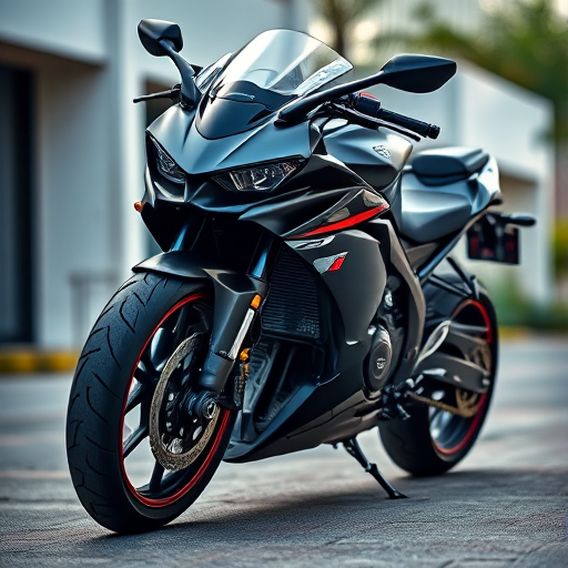 Create a high-resolution illustration of a sleek sports motorcycle parked at a slight angle, captured with a DSLR camera at f/8 aperture, 1/250 sec shutter speed, ISO 100, from a low-angle view to emphasize its design and details, using a soft focus background for depth.