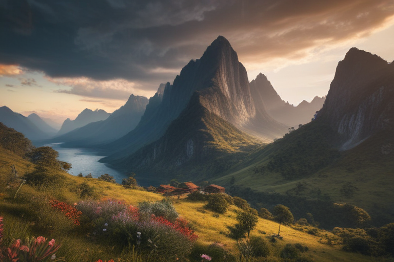 Majestic Mountain Landscape Bathed in Golden Light with Lush Greenery
