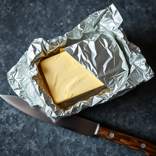 Generate a high-resolution image of a butter block partially wrapped in foil, with a stainless steel knife beside it, using a Canon EOS R5 camera, 50mm lens, f/2.8 aperture, ISO 100, natural light, shallow depth of field, and a top-down view to emphasize texture and color.