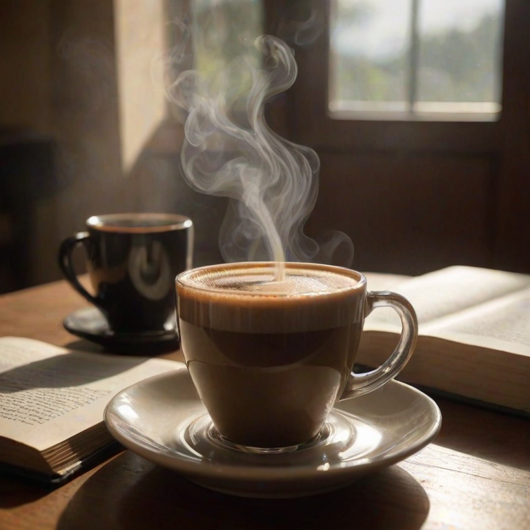 Sharp, detailed image of a freshly brewed cup of coffee on a cafetable, steam rising from the surface, sunlight streaming through the window, soft shadows cast on the table, a book and pair of reading glasses resting nearby, the smell of fresh coffee lingering in the air.