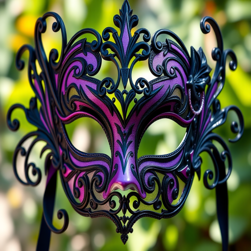Create a vibrant, high-resolution digital illustration of an ornate masquerade mask featuring intricate black and purple designs with elegant swirls and cutouts, using a Canon EOS 5D Mark IV camera with an 85mm lens at f/1.8, in natural light to enhance colors and shadows.
