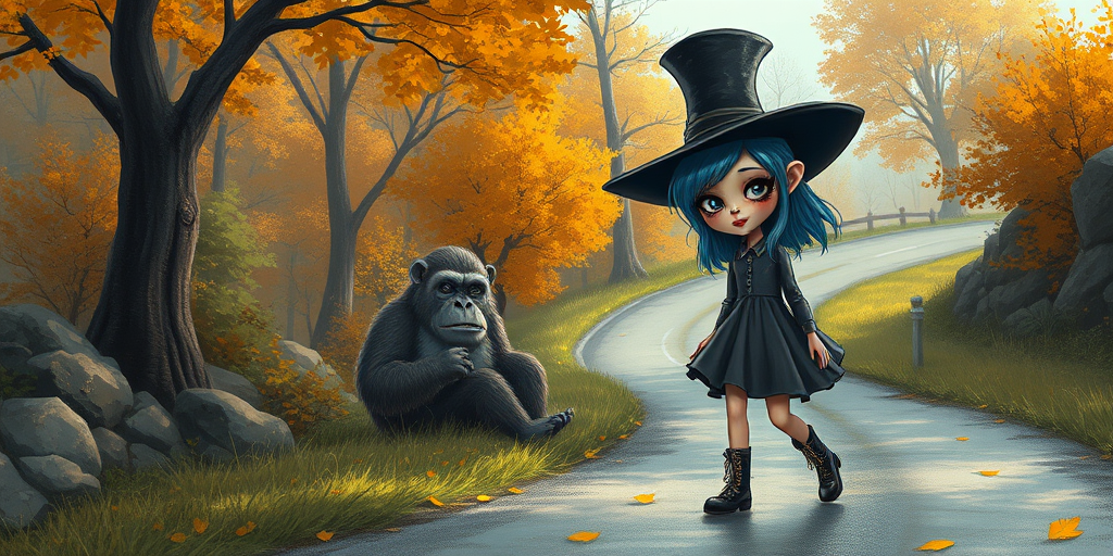 digital art fantasy depicting a strange girl with blue hair, long eyelashes, black lipstick and a tall hat walking along a winding road on an autumn afternoon, an Ape smiles as she passes