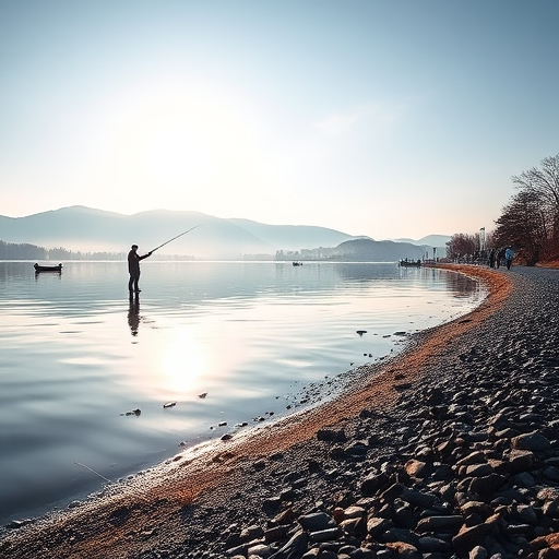 Capture a serene lakeside scene with fishermen and people walking along the shore, focusing on reflections in the water, early morning light, ISO 100, f/8, 1/250s, 24mm lens, DSLR, high dynamic range.