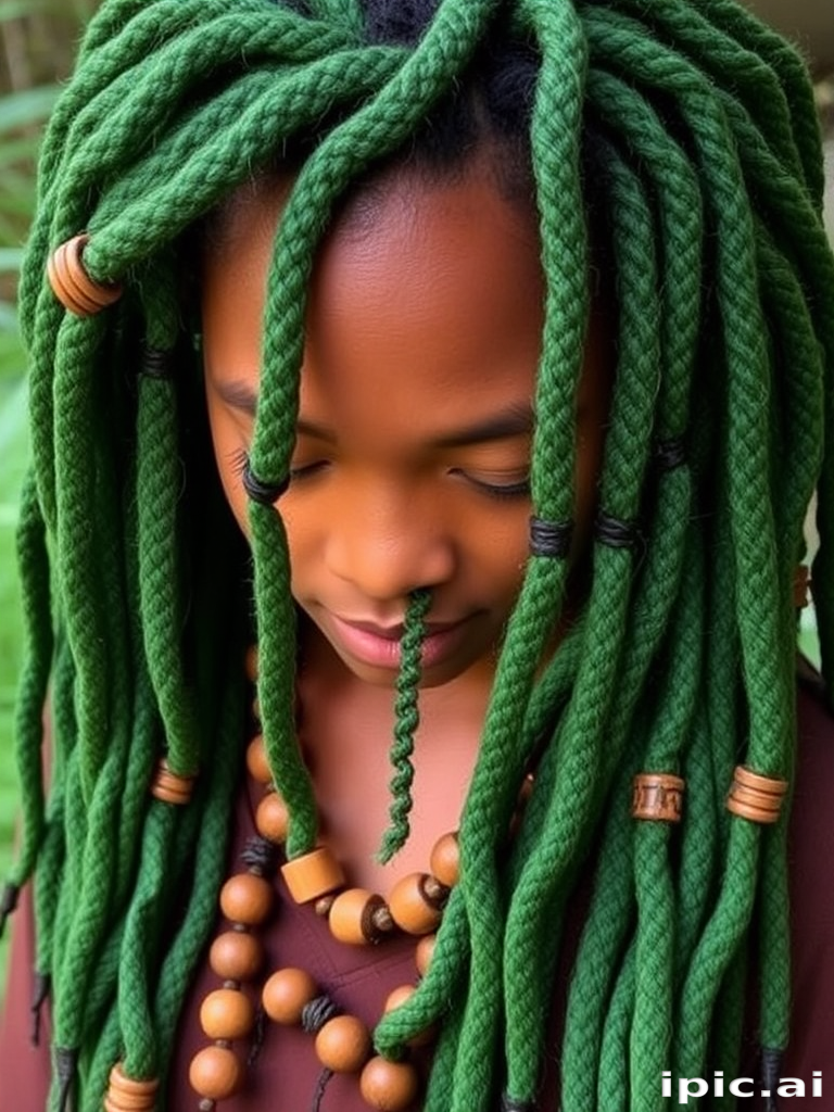 Lush forest green dreadlocks embellished with wooden beads, the "Earth Guardian" style celebrates nature and spiritual connection