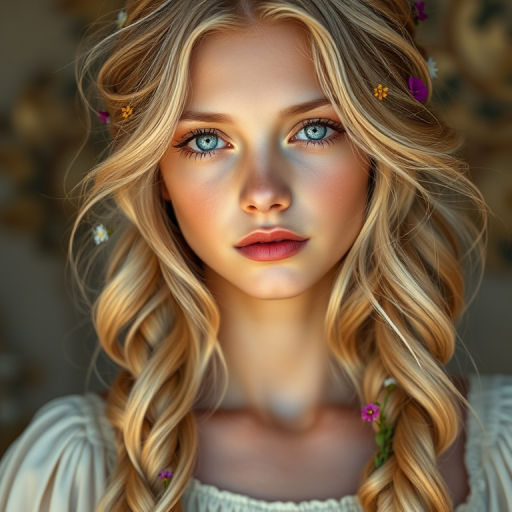 Create an image of a young Afghan woman with long, wavy blonde hair, adorned with small, colorful flowers woven into her braids and loose strands. Her complexion is fair, with soft, glowing skin, and she has light blue eyes that gaze softly at the viewer. She wears a light, flowing dress with a gentle, ethereal quality, complementing her delicate and serene appearance. The background is slightly blurred, drawing focus to her tranquil expression and the intricate details of the flowers in her hair. The overall mood of the image is one of natural beauty and grace, evoking a sense of peacefulness and connection with nature.