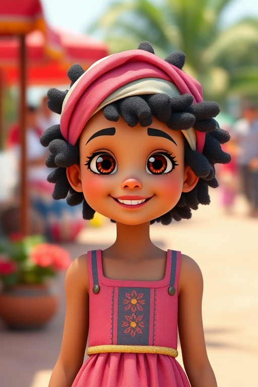 Generate a colorful animated character of a smiling girl with short curly hair and a headscarf, wearing a simple dress with decorative patterns, in a vibrant outdoor scene, shot with a Canon EOS R5, ISO 100, aperture f/2.8, 50mm lens, in natural daylight to enhance image quality.