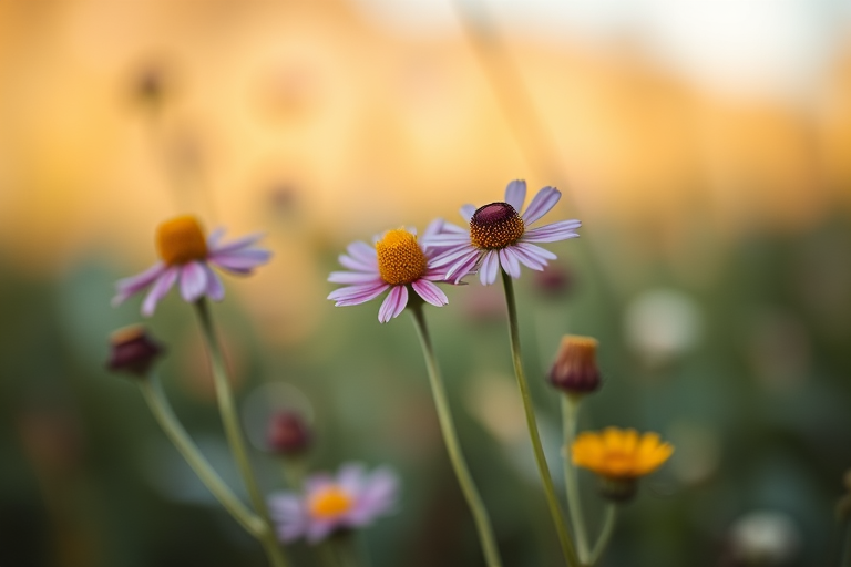 macro shot of wildflowers with a soft blurred background, f/2.8 aperture, ISO 100, 50mm lens, natural lighting, DSLR camera, focus on flowers with bokeh effect