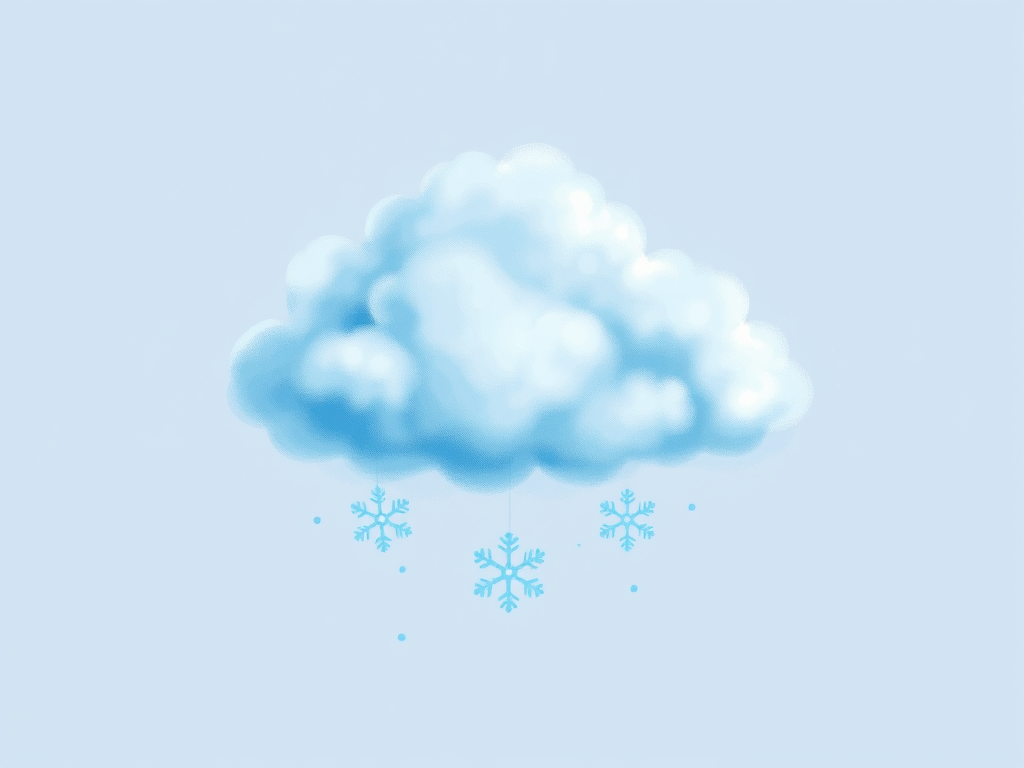 Generate an illustration of a light blue cloud with three blue snowflakes falling from it, use a digital painting style with high resolution, soft focus, and a subtle gradient background, captured in an overhead view with a virtual camera at 50mm focal length and f/2.8 aperture for enhanced depth of field.