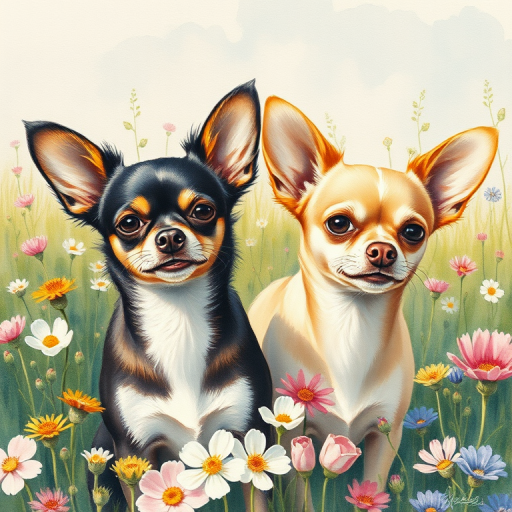 A renaissance two chihuahuas in a field of spring flowers watercolour.