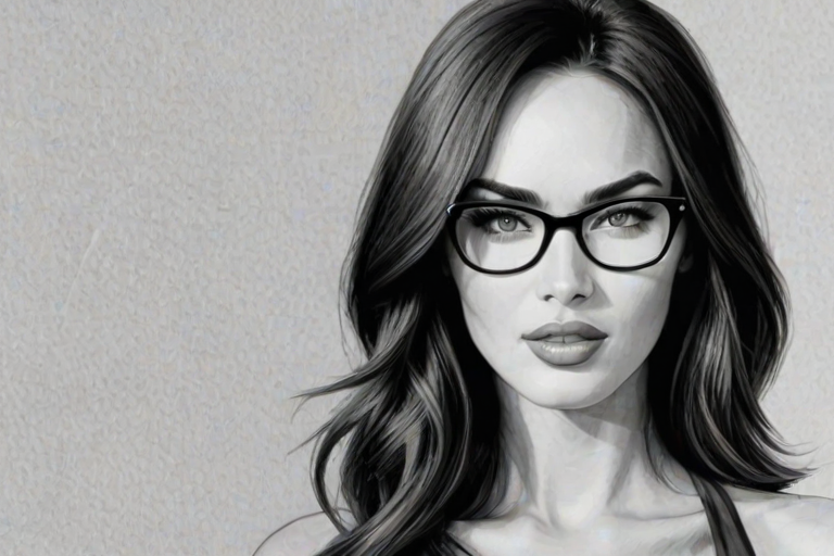 Splendid Megan Fox, pencil sketch, portrait of Splendid woman 1931s in glasses, hair style beatnik, outline, clear lines, fine lines, 8k