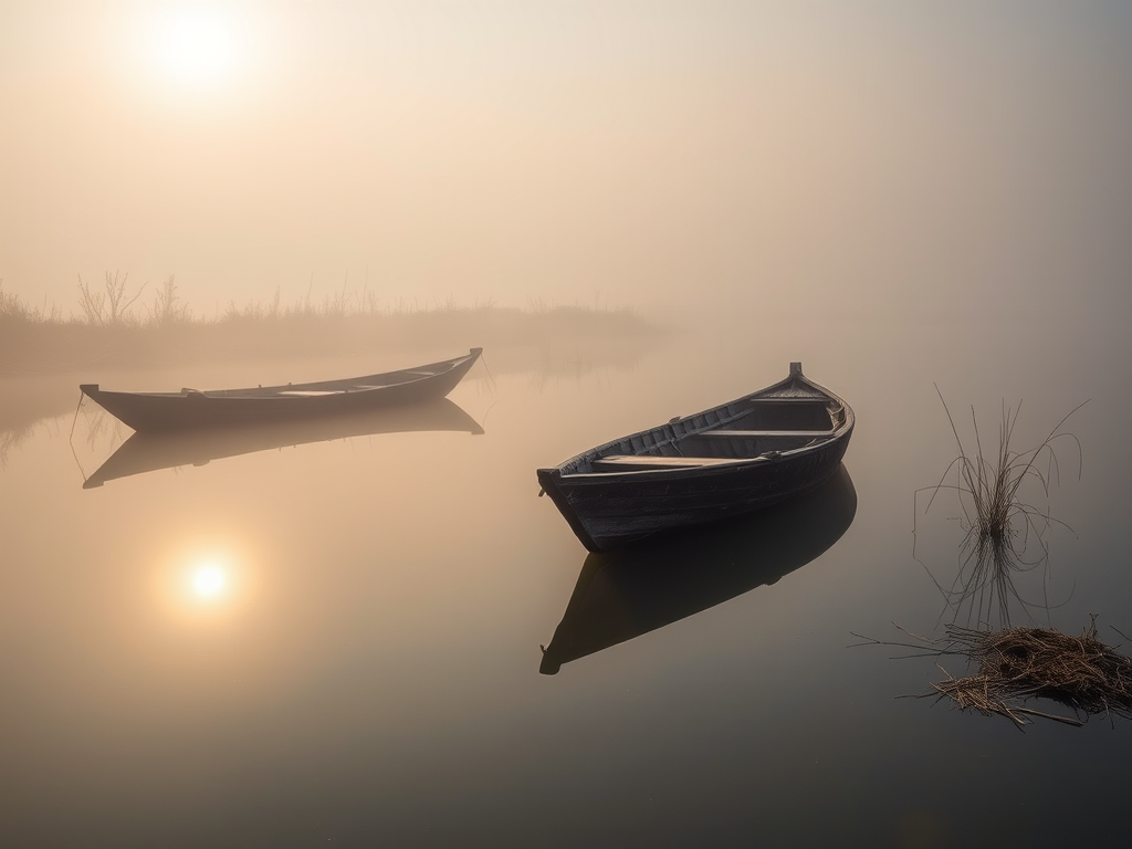Create a misty scene with sunlit fog over a serene river, featuring two abandoned wooden boats partially submerged, with reflections visible in the water, captured with a Canon EOS 5D Mark IV, ISO 100, f/8, 1/125s, using a 50mm lens at dawn to enhance details and depth.
