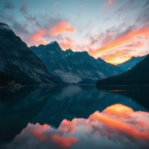 Create a high-resolution image of a serene landscape featuring a tranquil lake reflecting the mountains at sunset, with vibrant colors in the sky, shot with a Canon EOS R5, using a 24-70mm f/2.8 lens, aperture set at f/8, ISO 100, and at a shutter speed of 1/125 seconds, in a wide-angle view to capture the full expanse of the scene.