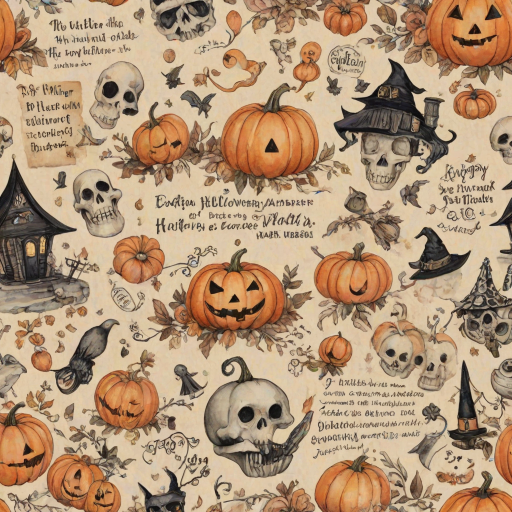 Design a detailed watercolor, vintage-inspired Halloween-themed imagery for a cottagecore junk journal. The design features a spooky yet shabby chic aesthetic with handwritten elements in faded ink, showing slight wear. Include pumpkins, cute ghosts, and adorable skulls alongside autumn florals, all rendered in soft pastel colors like pale orange, cream, and black for accents. The imagery has a slight worn or parchment texture, creating a nostalgic feel. The high-resolution image has no blur, contrast, or grainy textures, and is filled with intricate details in 8k definition.