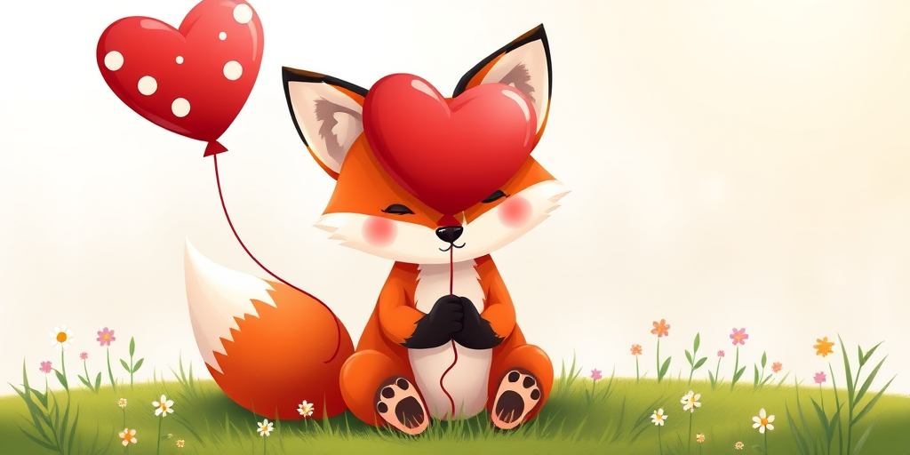 Create an illustration of a cute fox sitting on the grass, holding a red heart-shaped balloon with white polka dots, surrounded by small flowers and greenery, in a vibrant, cartoonish style, using a 50mm lens at f/2.8 to achieve a shallow depth of field, with soft lighting to enhance colors, and a high-resolution digital camera for crisp details.