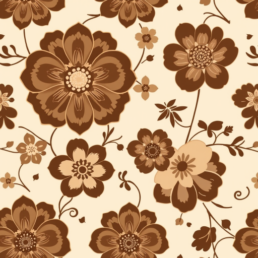 Create a seamless floral pattern featuring large brown and beige flowers with intricate designs, accompanied by smaller flowers and gentle vines on a light beige background.