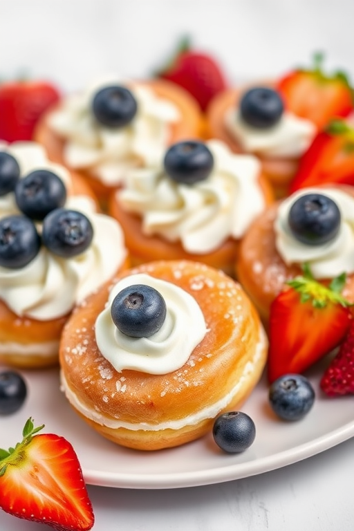 A delicious assortment of cream-filled donuts topped with whipped cream and fresh blueberries, surrounded by strawberries on a white plate, shot with a Canon EOS R5, 50mm lens, f/1.8 aperture, ISO 200, natural lighting, close-up view for enhanced detail.