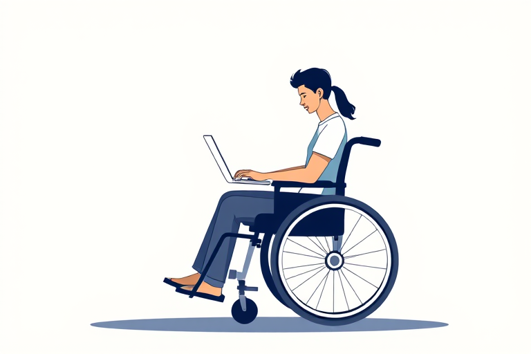 Create a high-resolution vector graphic of a person in a wheelchair using a laptop, with a clean and modern design, shot from a frontal view, using a digital illustration style, with a focus on simplicity and clarity, and ensuring high contrast for visual impact.