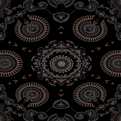 Generate a high-resolution abstract pattern with intricate circular designs and a dark background, using a DSLR camera with a 50mm lens, aperture set to f/1.8, ISO 100, shot from a top-down view in natural lighting.
