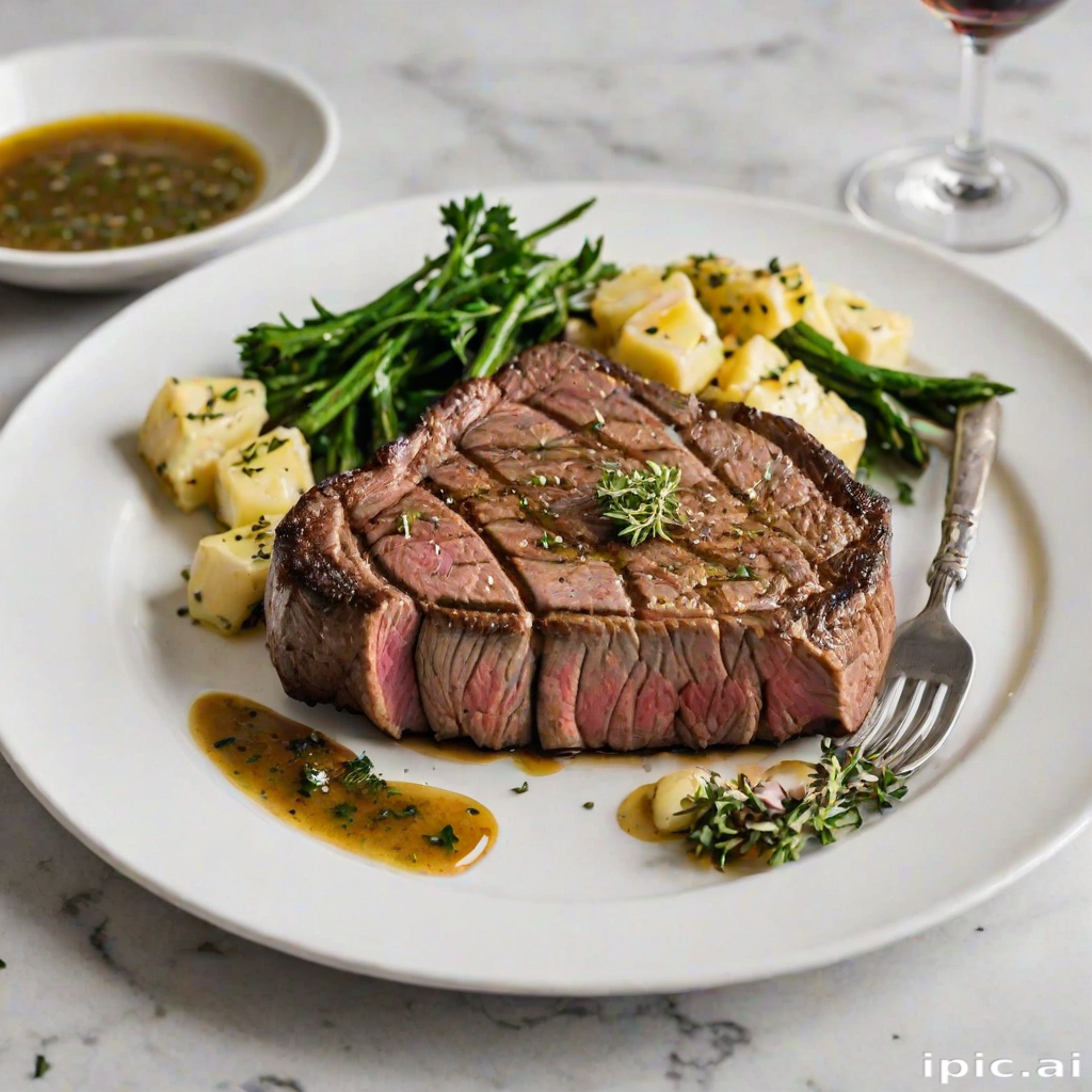 Create an image of a perfectly seared ribeye steak, resting on a white plate with a pat of melting butter on top. The steak is seasoned with fresh herbs like thyme and parsley, with glistening juices highlighting the texture of the meat. The background features a soft focus on a light, marble countertop, with a small dish of butter and an olive oil bottle in the distance. The overall mood should be warm and inviting, capturing the deliciousness and juiciness of the steak.