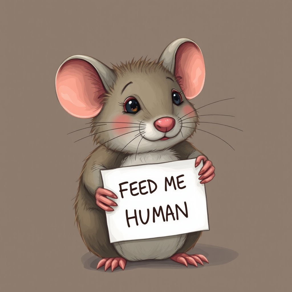 mouse holding a note which says "FEED ME HUMAN"