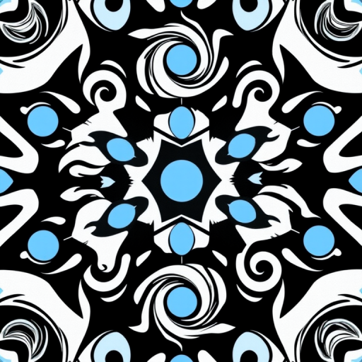 create a symmetrical pattern of swirling black and white shapes interspersed with light blue circles in a seamless repeat design, use a Canon EOS 5D Mark IV with a 50mm lens, aperture f/8, ISO 100, set in natural daylight to enhance contrast and detail