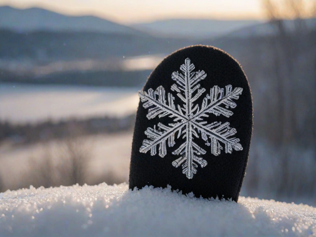 Close-up of an intricate snowflake resting on a dark mitten, soft light highlighting its delicate crystalline structure, with a blurred winter landscape softly visible in the background.