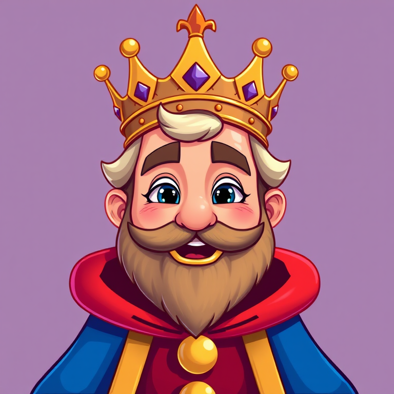 Create a vibrant and colorful illustration of a cartoon king character with a detailed crown, royal robe, and a friendly expression, using a DSLR camera with a 50mm lens at f/2.8, ISO 100, and a soft diffused lighting setup for enhanced clarity and depth.