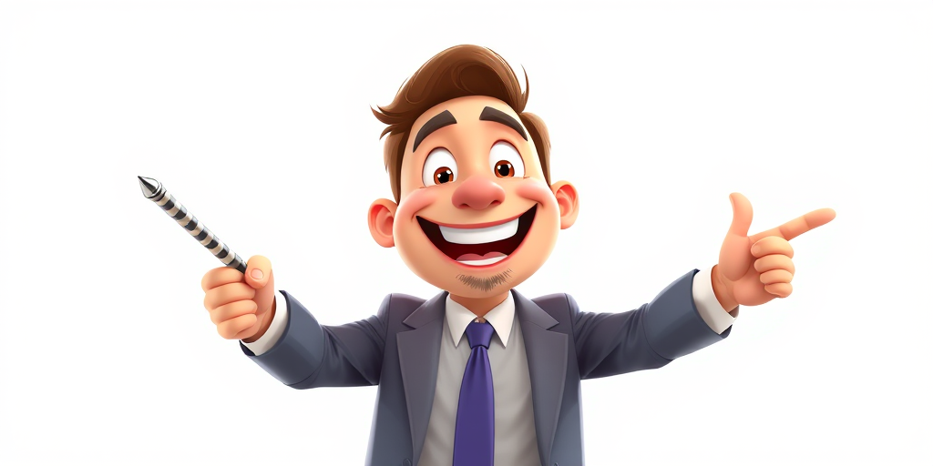 create a cartoon character of a happy man in a suit holding a pointer stick with a big smile in a bright, colorful style using a DSLR camera at f/5.6, 50mm lens, 1/250s shutter speed, soft natural lighting and a wide-angle view