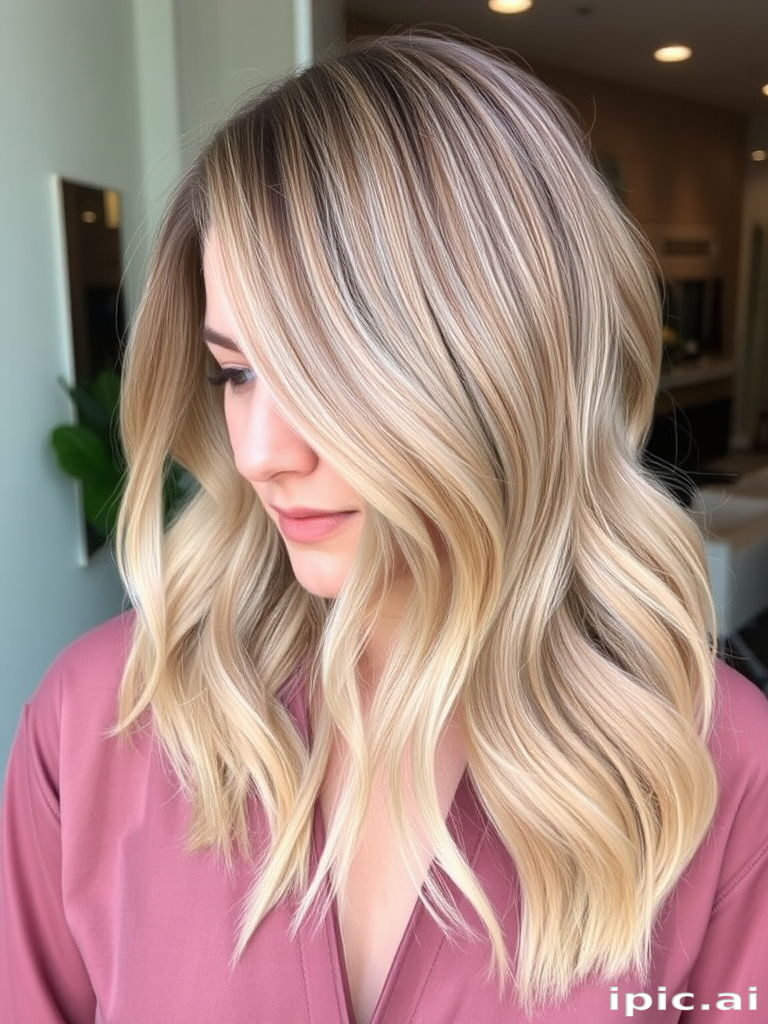 Sophisticated shoulder-length lob in ash blonde, styled with soft waves and babylights, creating a perfect balance of dimension and movement